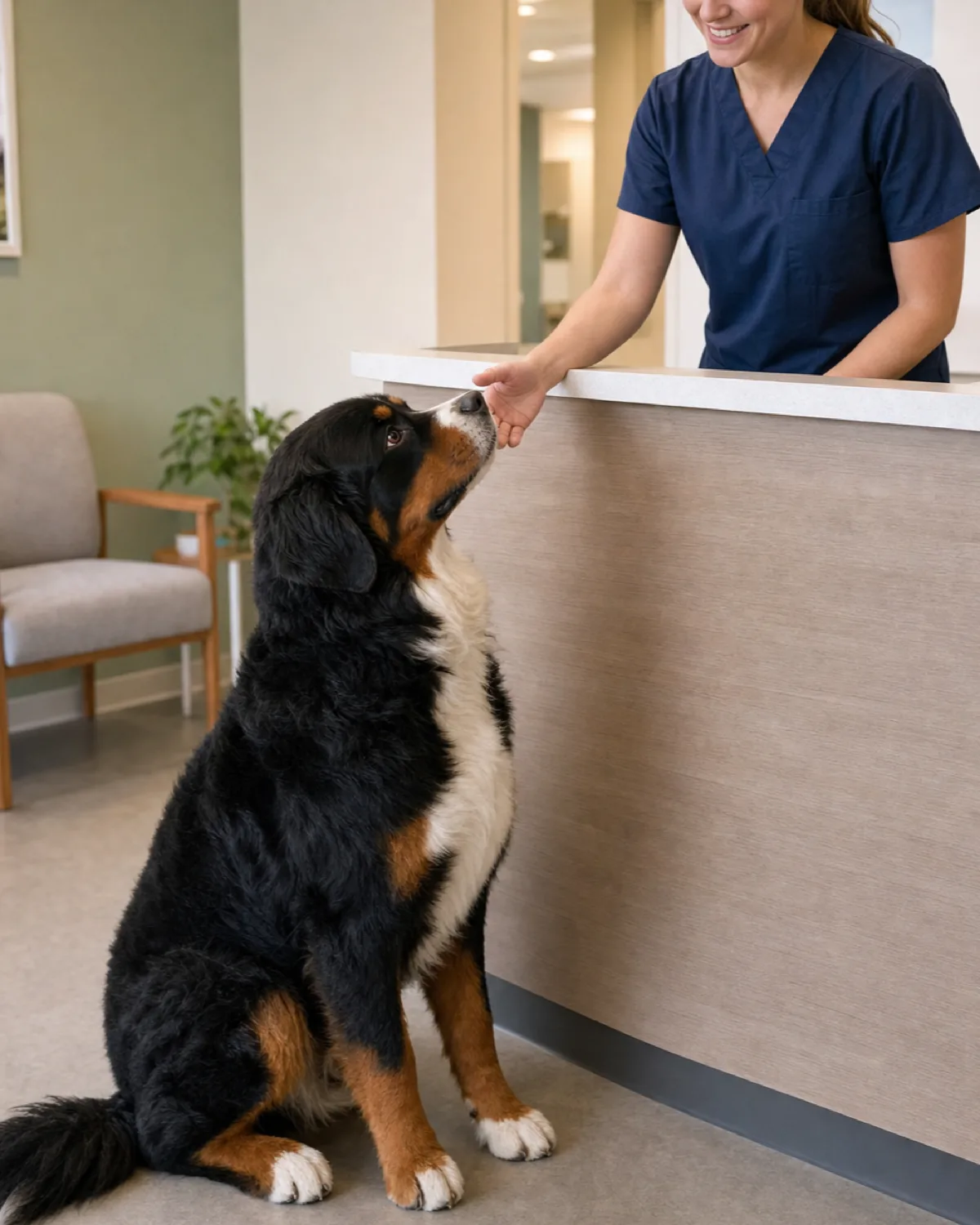 a large sturdy tricolor dog with black body, rust eyebrows and legs, and white chest blaze sitting on a clean veterinary waiting room floor looking up at a smiling receptionist