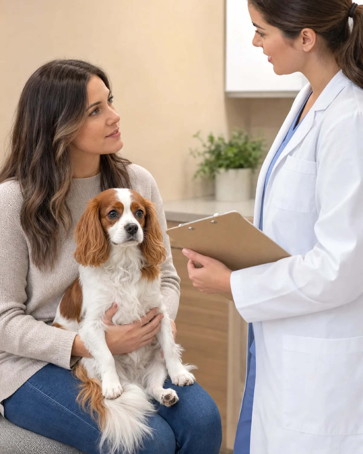 a small chestnut-and-white silky-coated dog with long feathered floppy ears cradled in its owner arms in an exam room while the owner talks to a veterinarian with a clipboard