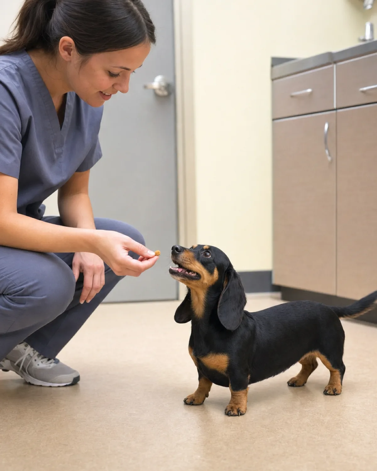 a small black-and-tan smooth-coated very long low dog with very short legs and long floppy ears wagging its tail while a vet tech in scrubs crouches down with a treat