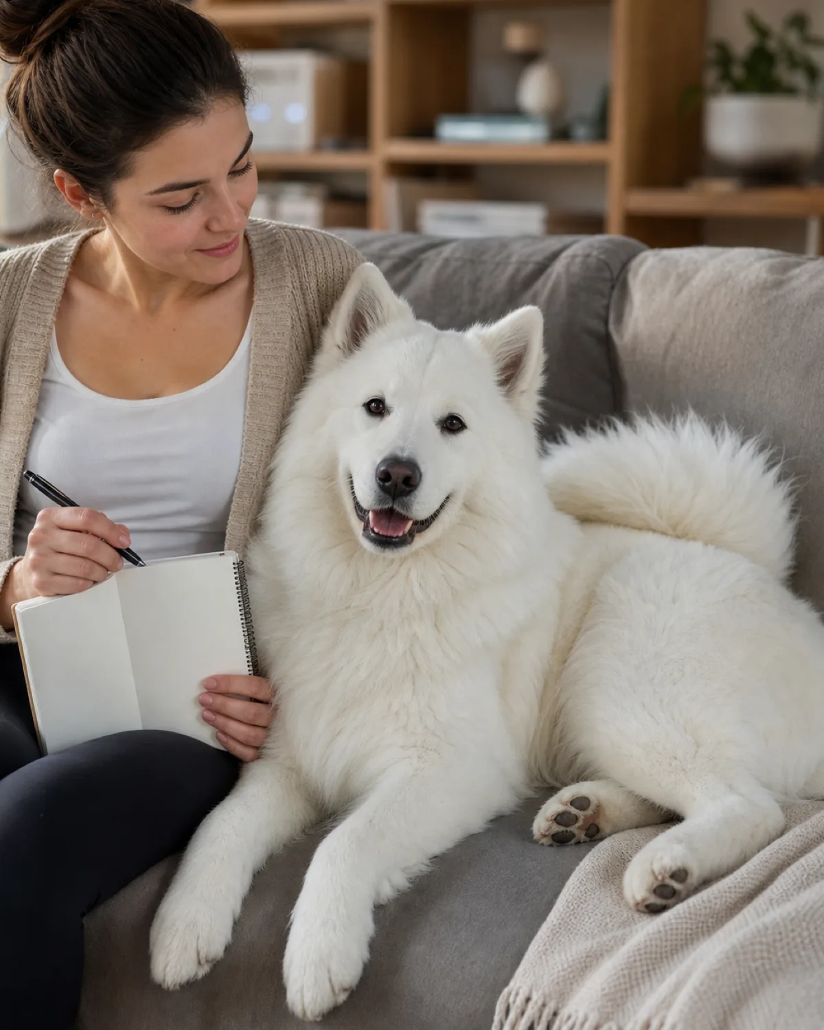 a large pure-white thick double-coated dog with erect ears and an upturned smiling mouth lying on a sofa beside a person reviewing notes in a small spiral notebook
