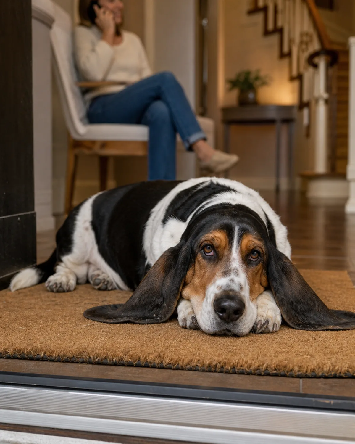 a medium tricolor very-short-legged long-bodied dog with extremely long floppy ears lying on a doormat at home while a person talks on the phone in the background