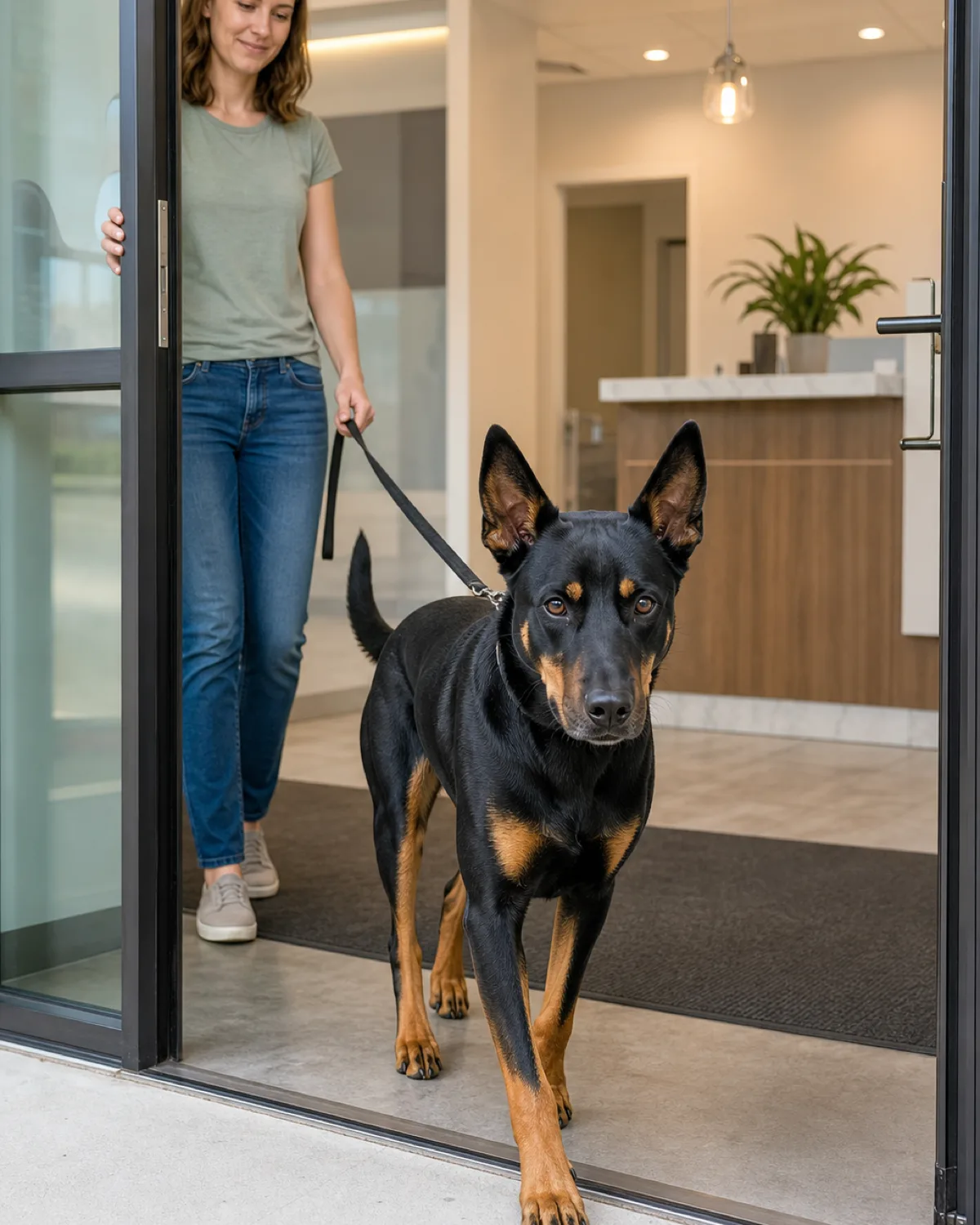 a large lean muscular black-and-tan short-coated dog with sharp rust points and upright ears walking confidently through the open glass door of a veterinary clinic