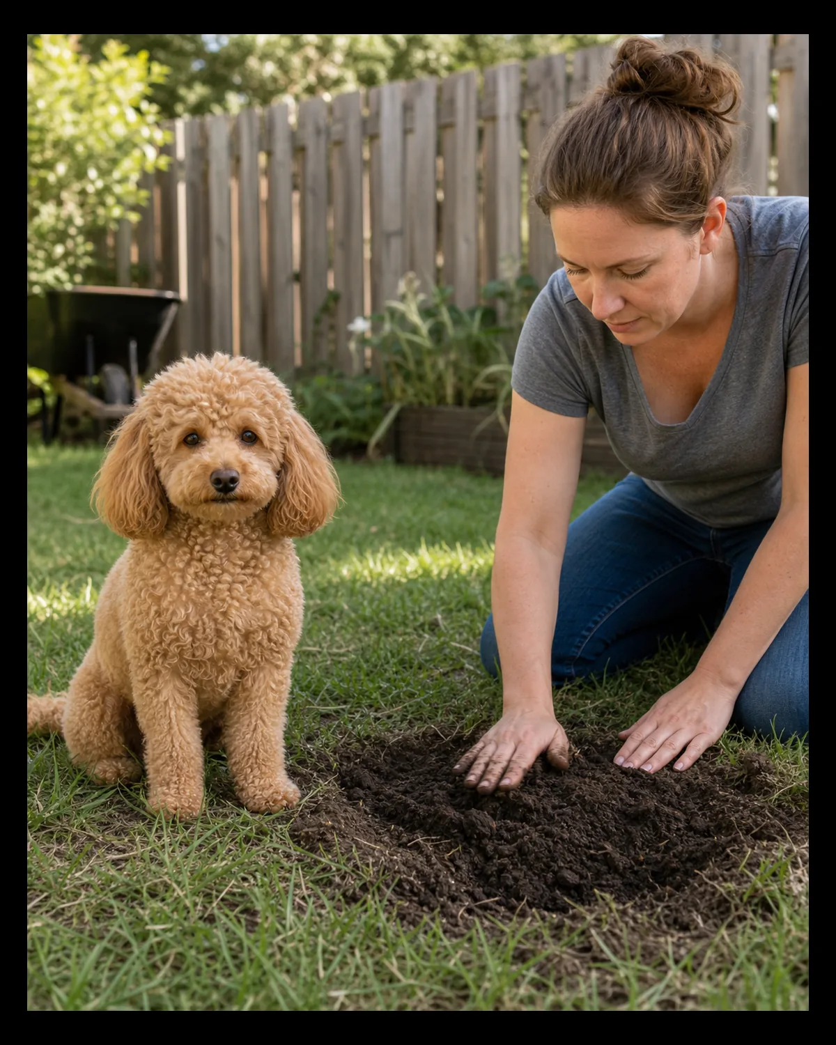 a small dog with a warm apricot curly coat sitting calmly beside a person crouched at a filled-in hole, both relaxed, no scolding