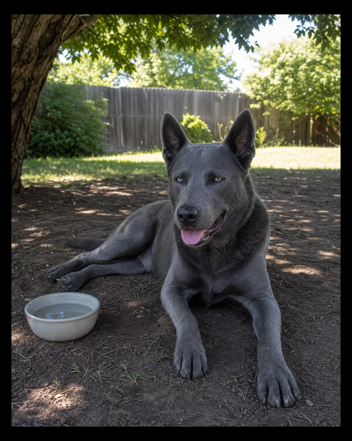 a large dog with a cool steel-blue-grey coat lying relaxed in tree shade beside a shallow water bowl