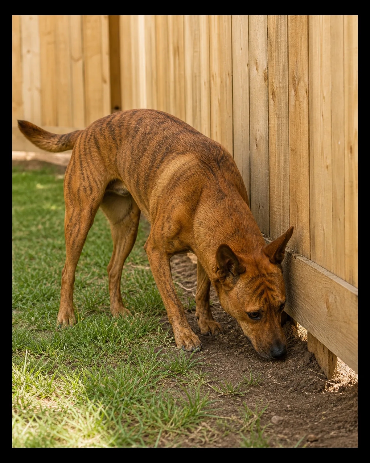 a medium dog with a warm chestnut-brindle coat sniffing intently along the base of a wood fence from the inside