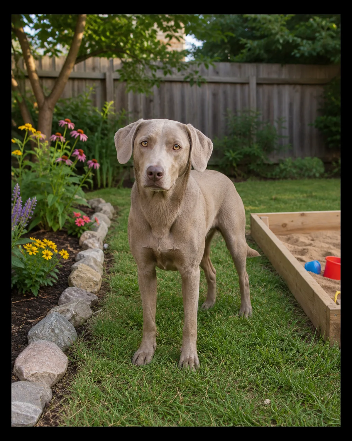 a medium dog with a cool dilute blue-fawn coat standing relaxed in the middle of a yard between a rock-bordered flowerbed and a sandbox