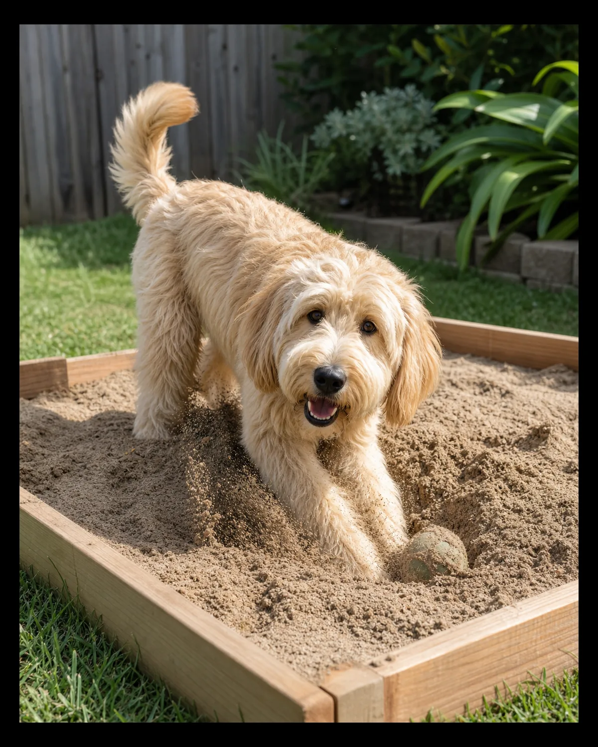 a medium dog with a thick wheaten-colored shaggy coat digging happily in a wood-framed sandbox with a toy half-buried nearby