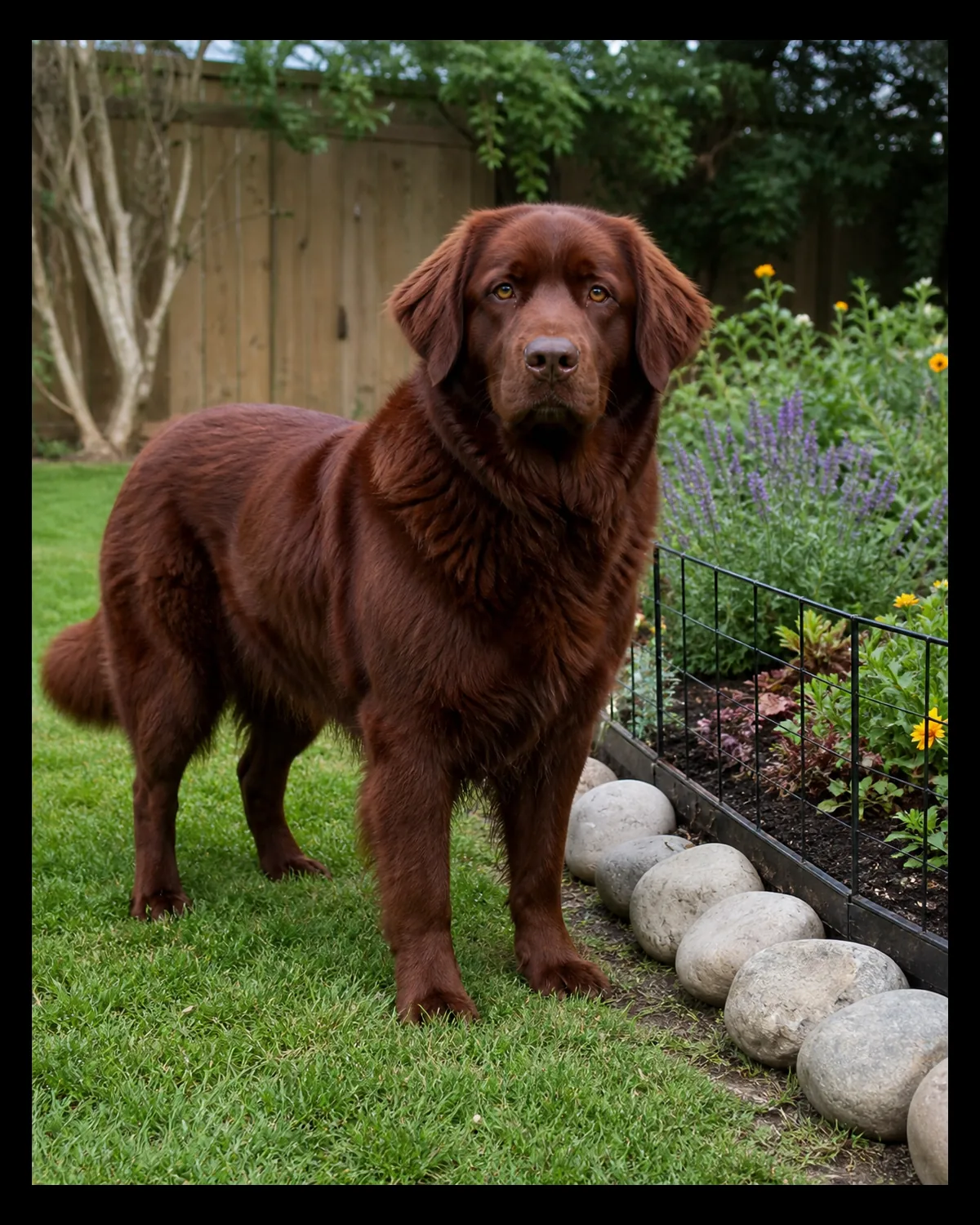 a large dog with a deep mahogany-red coat standing calmly outside a garden bed protected by a low fence and a border of smooth river rocks