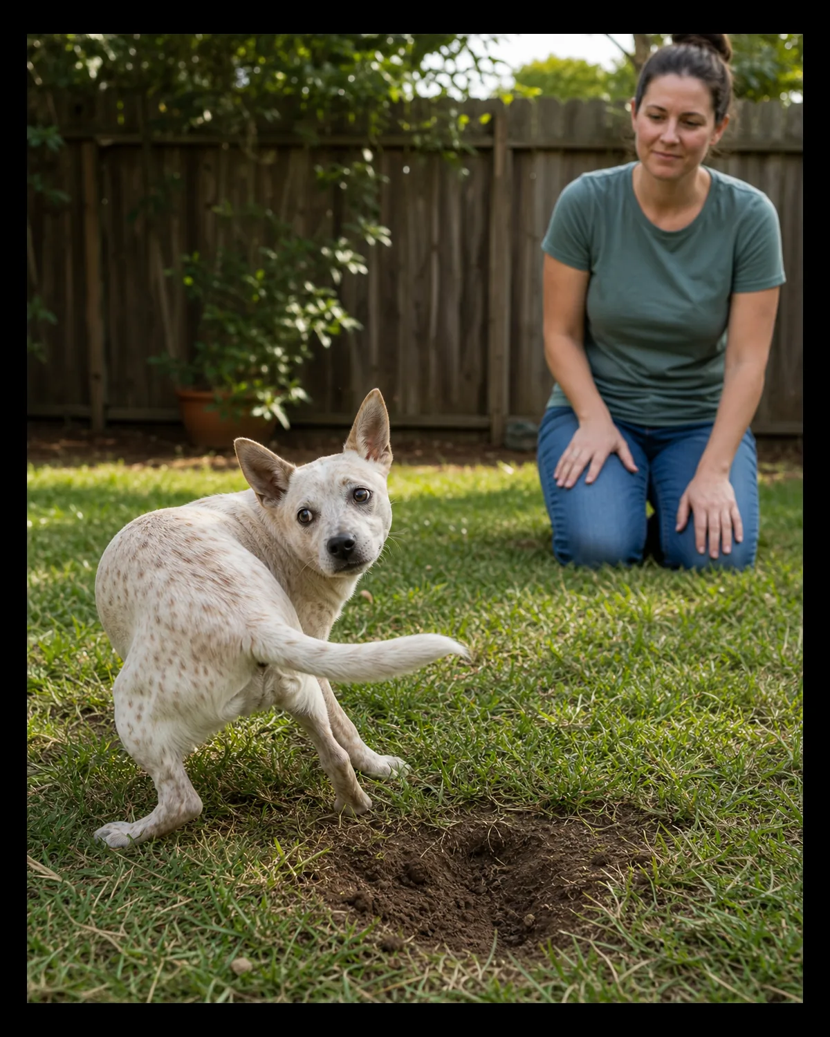 a small dog with a fine dark-ticked cream coat mid-turn away from a shallow starting hole toward a calm person patting their own leg