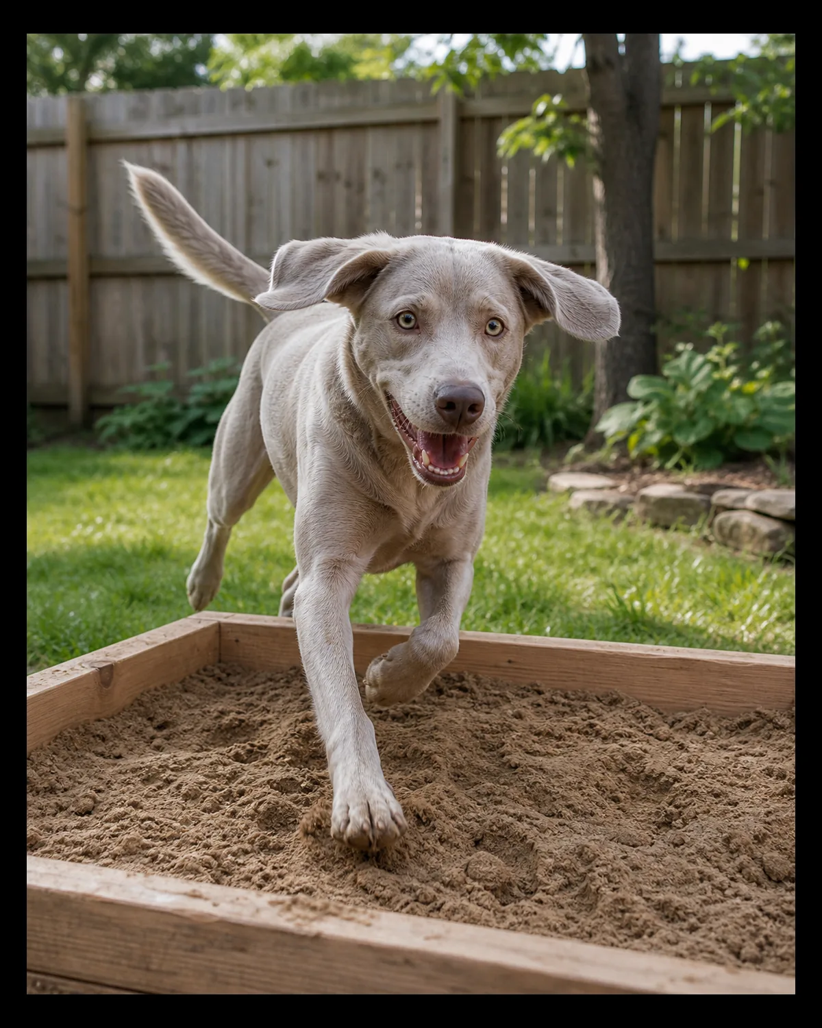 a medium dog with a silvery pale-fawn coat bounding happily toward a sandbox, one front paw already landing in the sand
