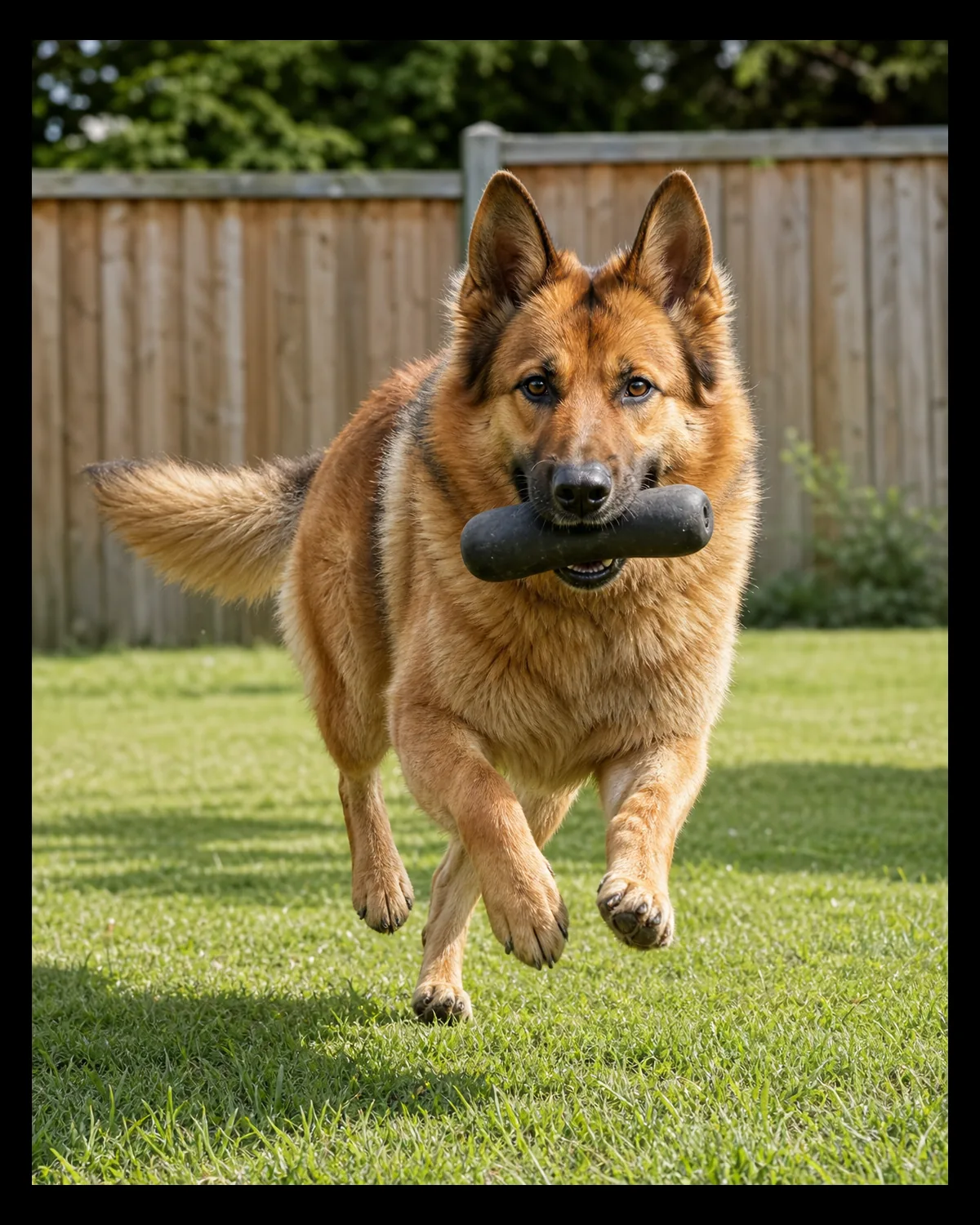 a large dog with a reddish sable coat fading to cream running across a backyard lawn mid-stride with a fetch toy in its mouth