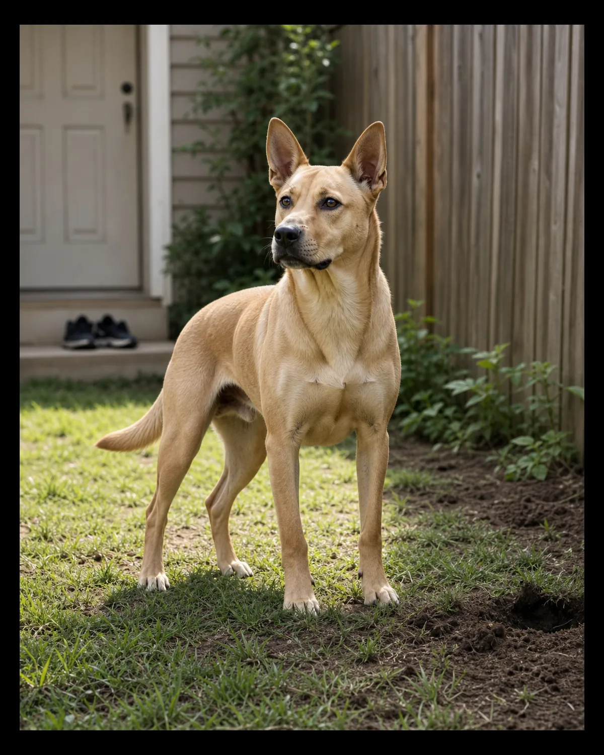 a medium dog with a soft buff-tan coat standing alone in the yard looking toward the fence, a pair of human shoes resting by the back door in the background