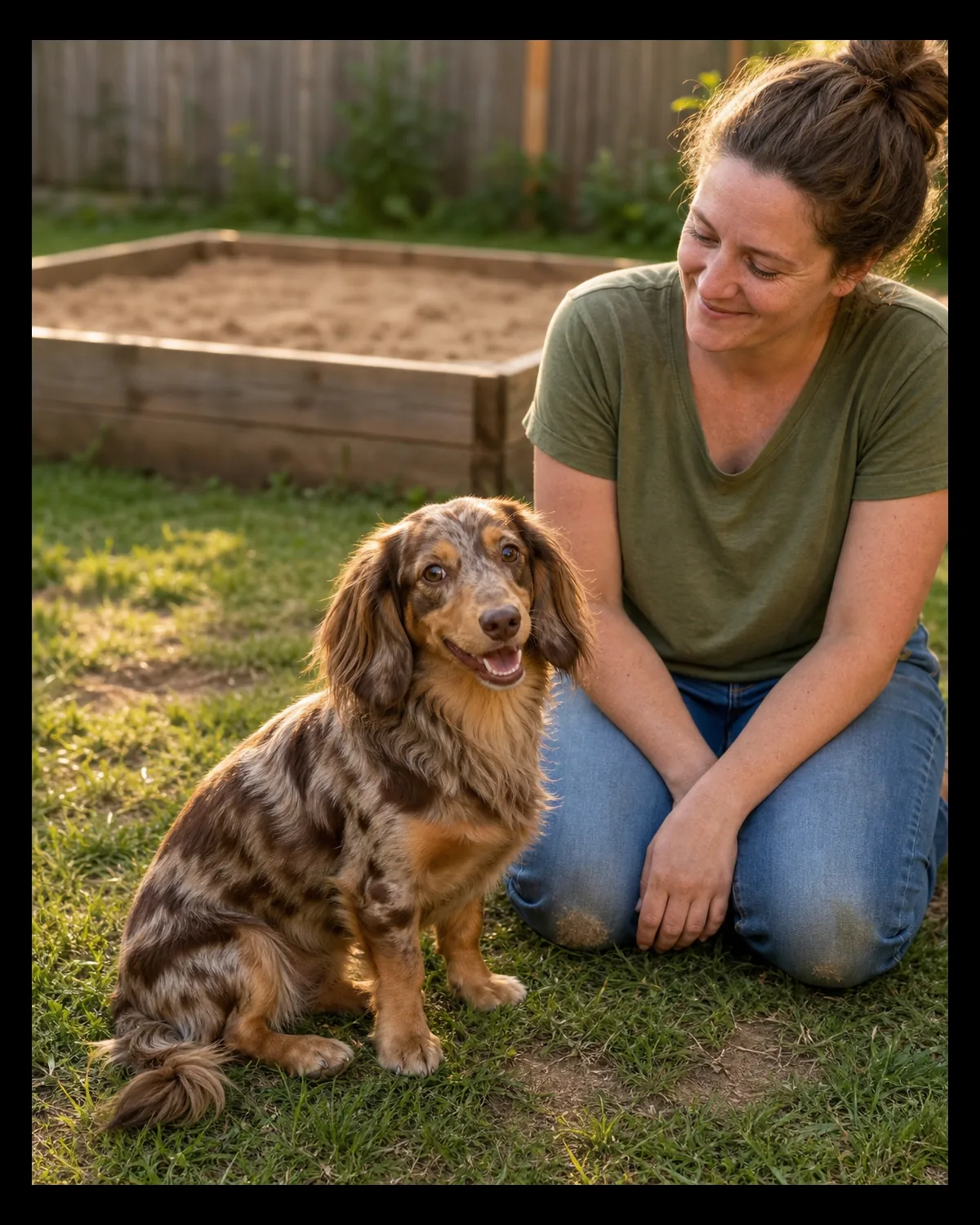 a small dog with a long dappled liver-and-tan coat sitting beside a relaxed seated person on the lawn with a sandbox visible in the background