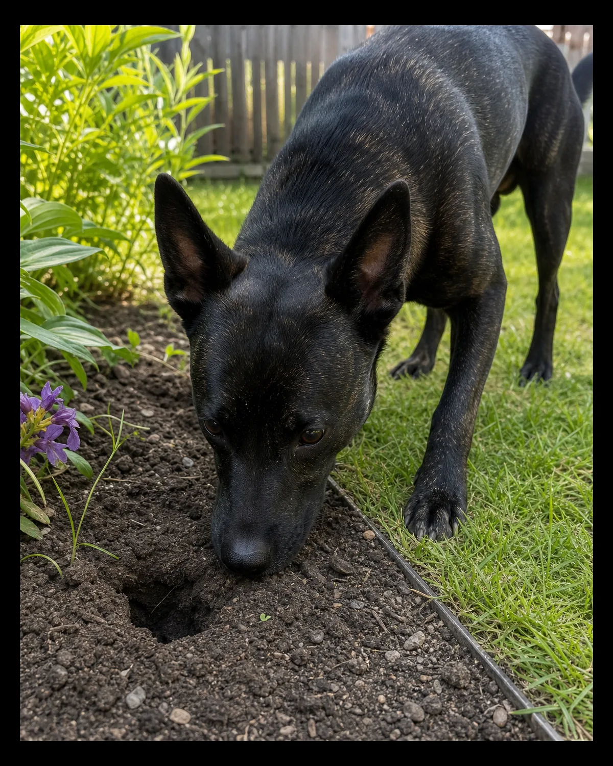 a close-up of a medium dog with a black-brindle coat pressing its nose into freshly turned soil at the edge of a garden flowerbed