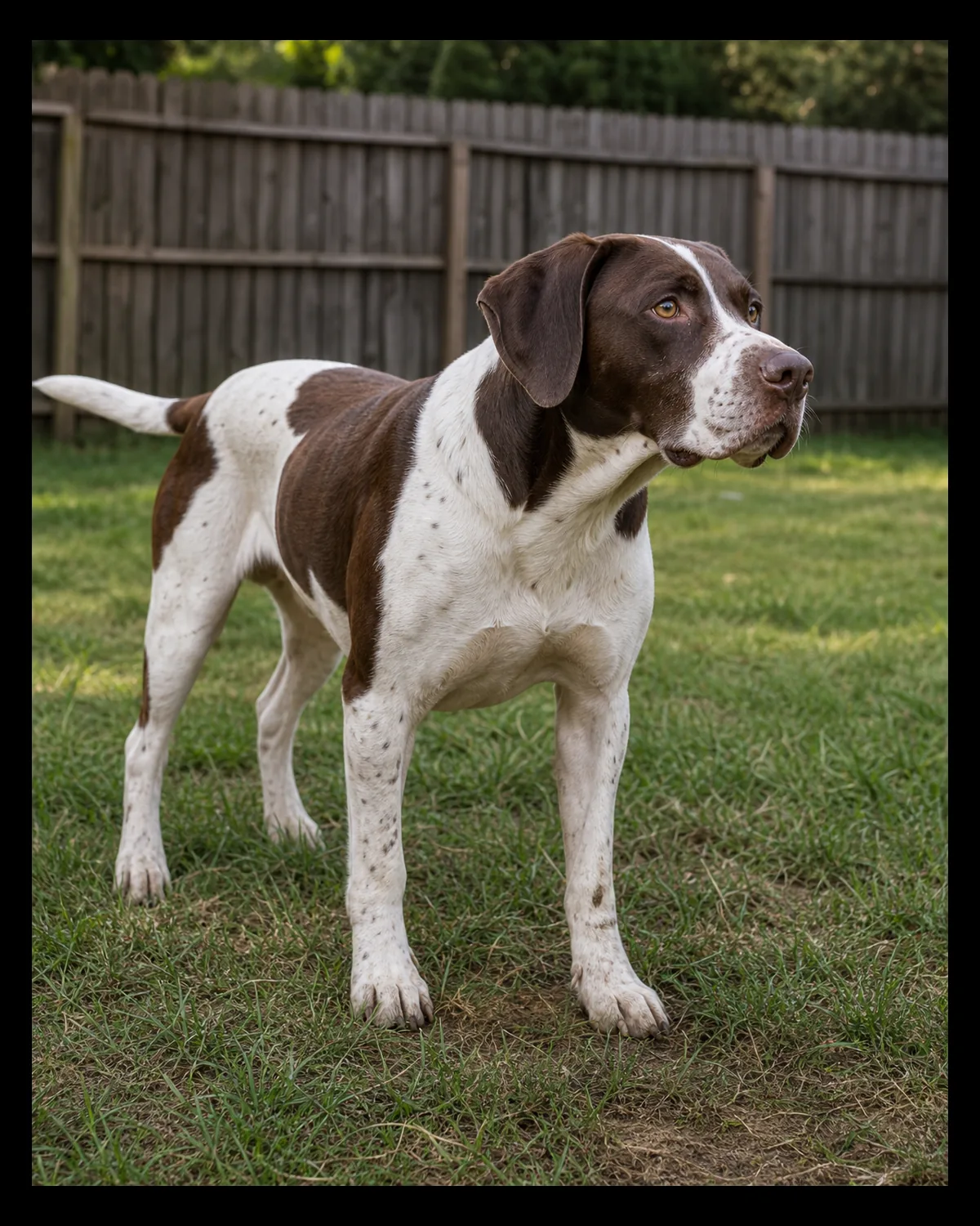 a large dog with a solid liver-brown-and-white patched coat standing alert in the middle of a backyard, watching something in the distance