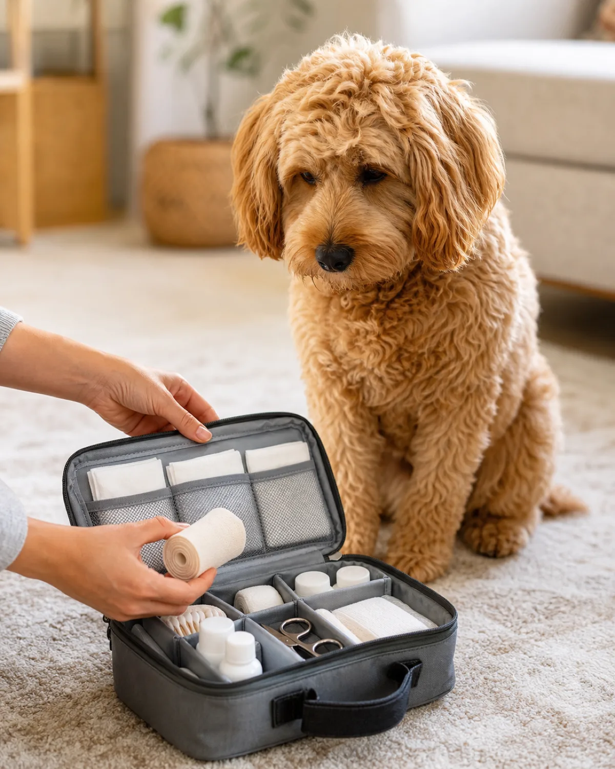 a medium dog with a soft shaggy wavy-to-curly golden coat and floppy ears sitting calmly on a light area rug while the owner reaches into an open first-aid soft bag, pulling out a rolled bandage, warm natural window light