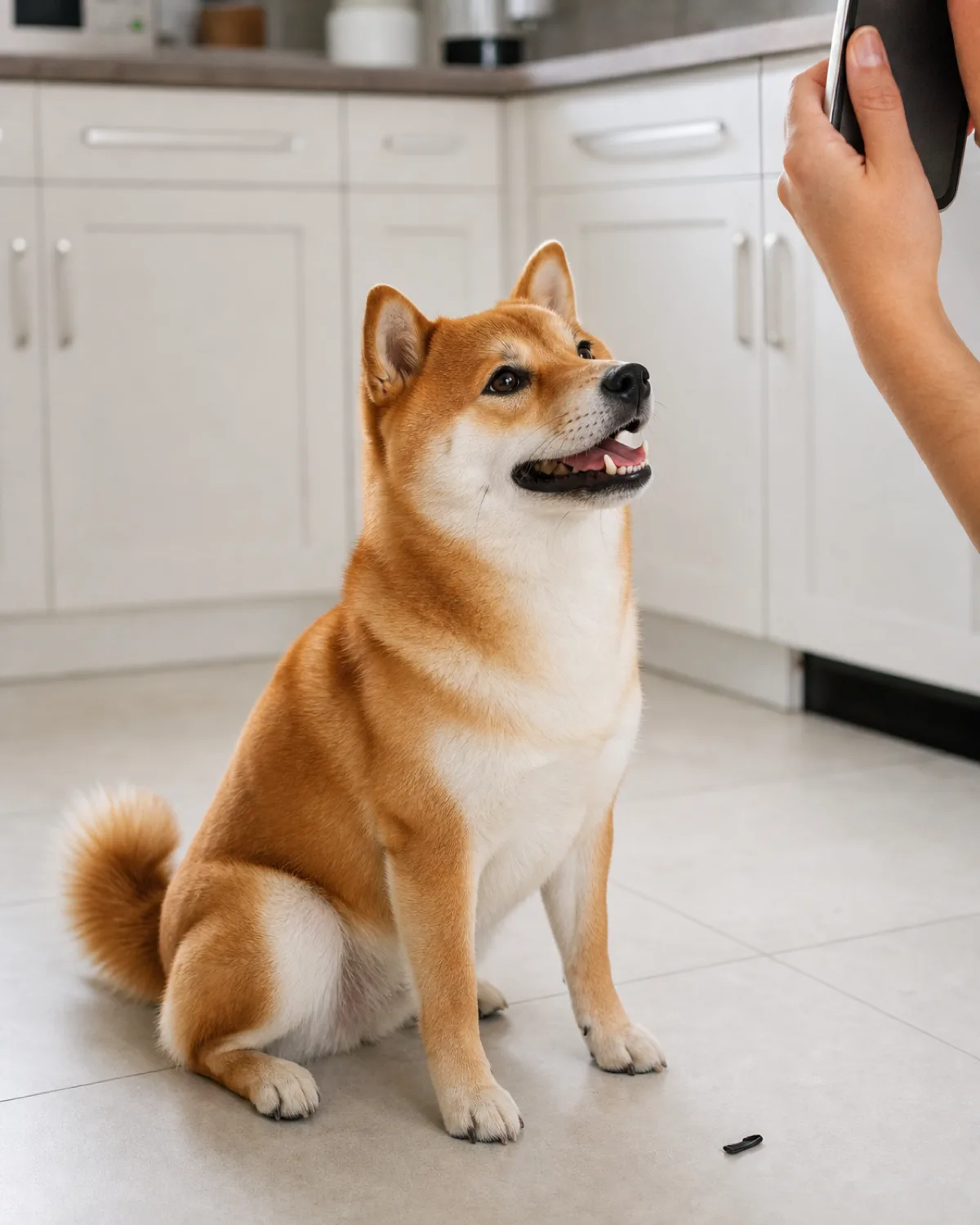 a small compact dog with a thick orange-red double coat and white underside, erect ears and a fox-like face sitting on a kitchen tile floor looking up, the owner mid-phone-call with only a hand and blurred phone screen visible, bright kitchen overhead light