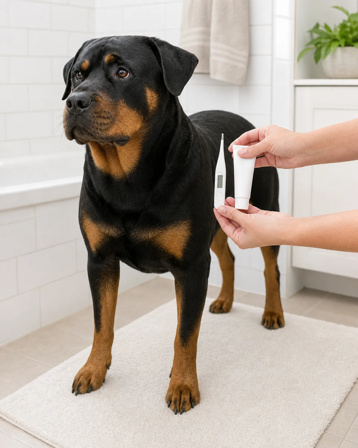 a large powerful black-and-tan short-coated dog with a broad blocky head and floppy ears standing calmly on a bath mat in a bright bathroom, owner hands holding a white digital thermometer in one hand and a small tube of lubricant in the other at dog-height level, clean white tile