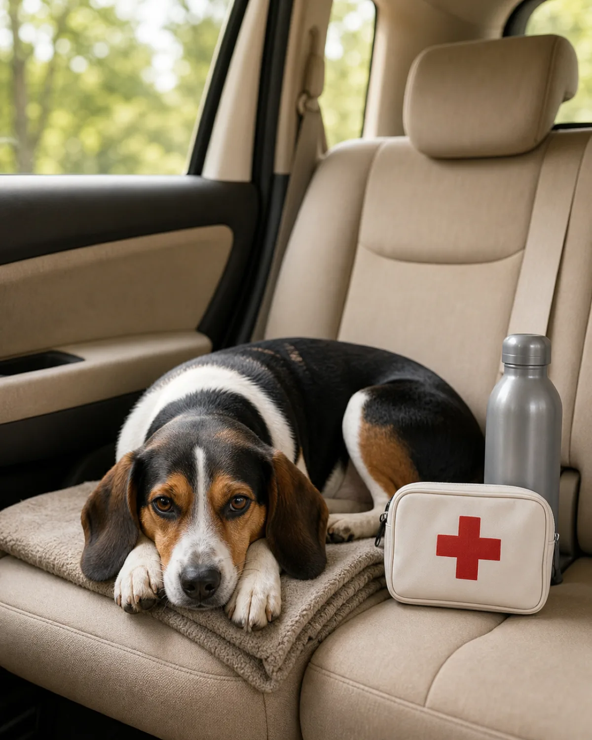 a small sturdy tricolor short-coated hound with long low-set floppy ears lying calmly on a folded blanket on a car back seat, a small compact first-aid pouch and a water bottle beside the dog, blurred outdoor scene through the window, natural daylight