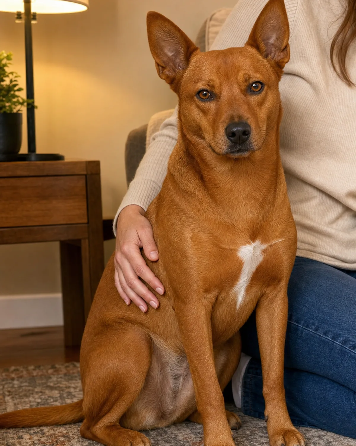 a medium dog with a burnt-orange coat and a white chest patch sitting calmly indoors while a person sits beside it gently stroking its side