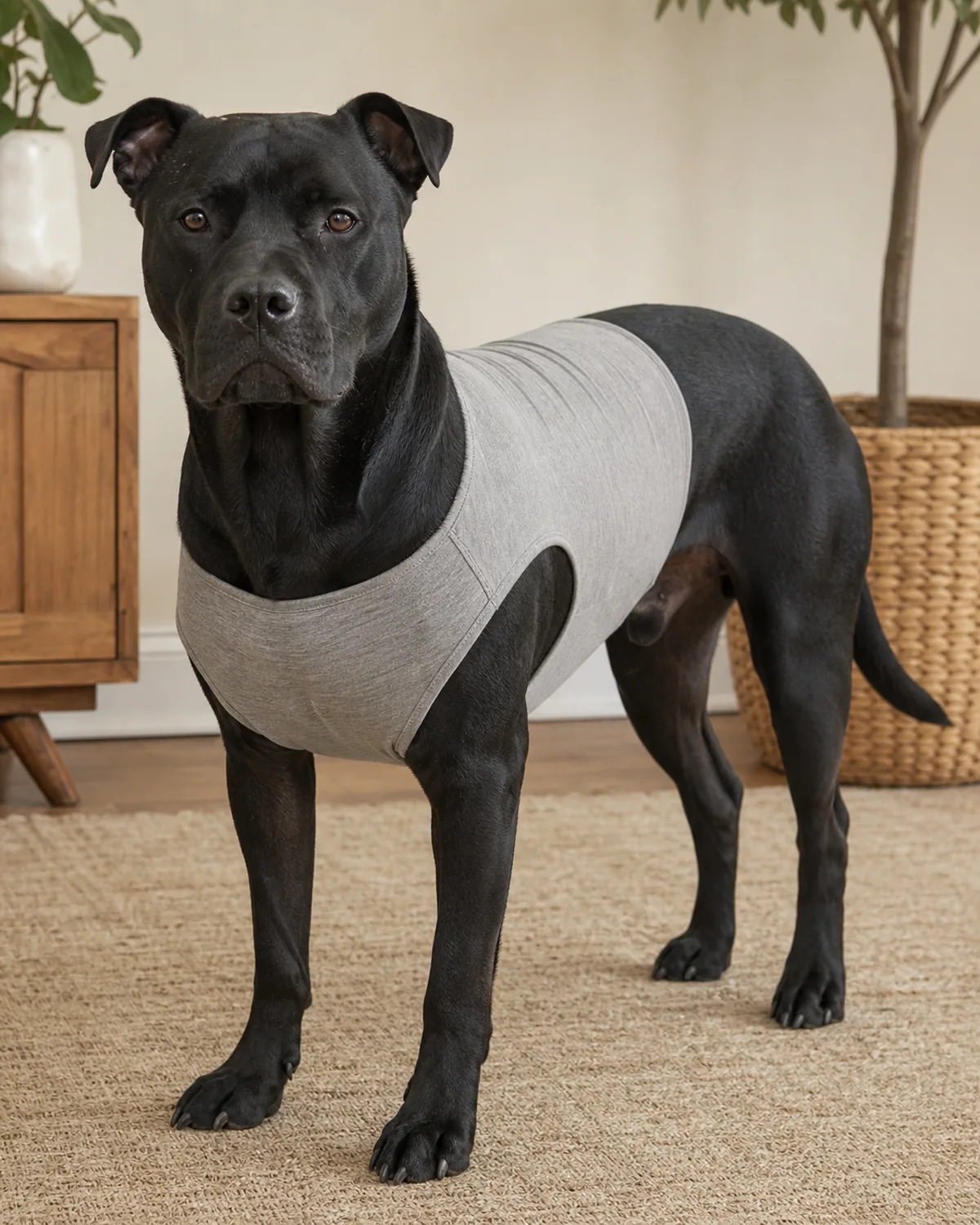 a large dog with a sleek solid jet-black coat standing calmly indoors wearing a plain snug fabric body wrap across the torso