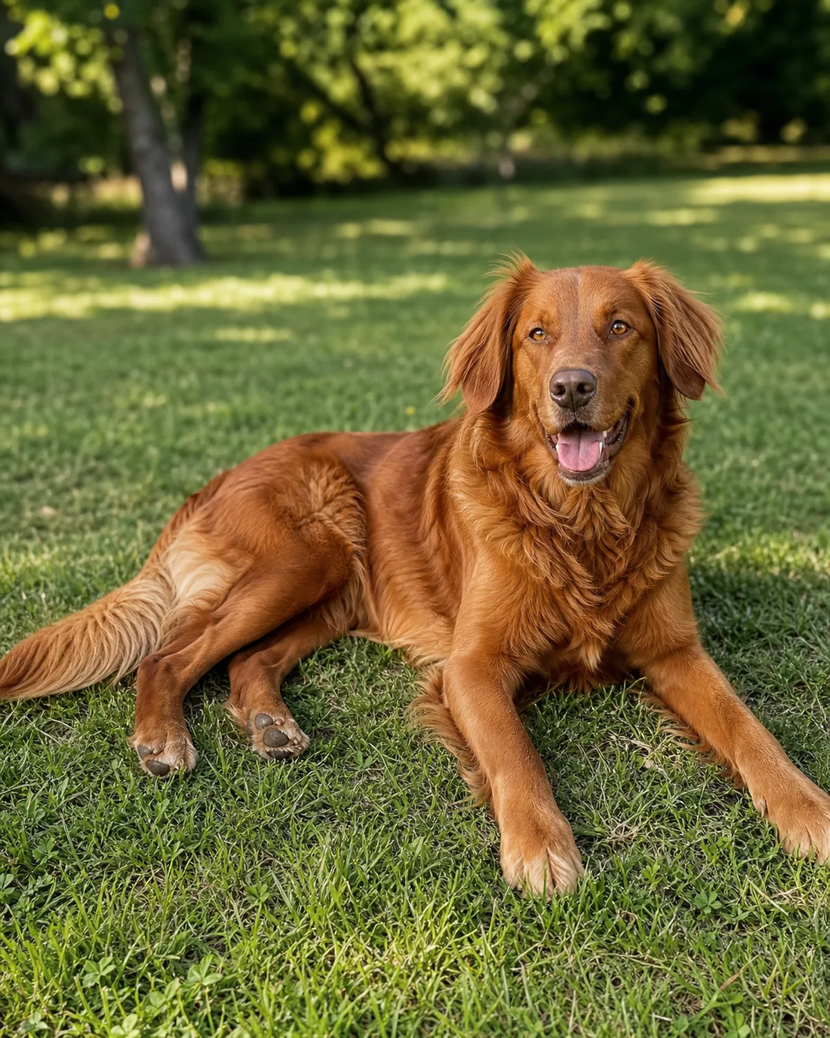 a large dog with a deep russet-red feathered coat lying fully relaxed on green grass outdoors in warm sunlight