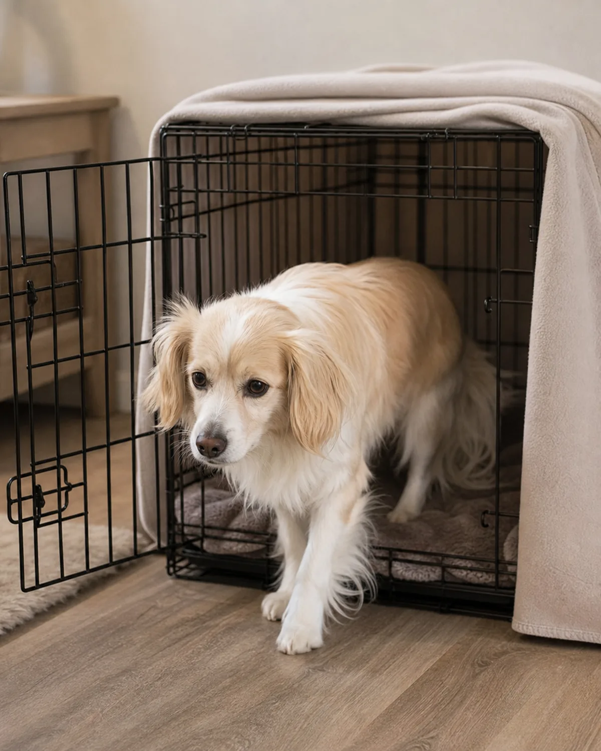 a small-medium dog with a cream-and-white feathered coat walking voluntarily toward an open crate lined with a familiar blanket