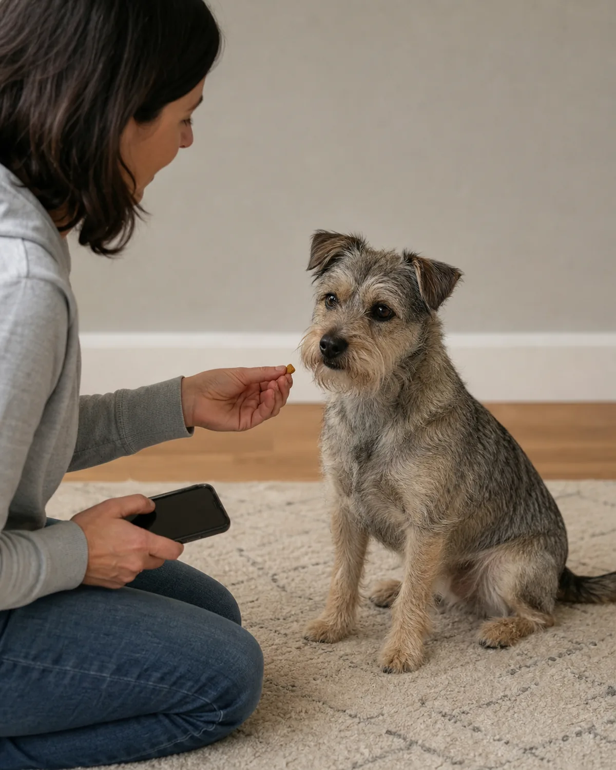 a small dog with a rough wiry grizzle-and-tan coat sitting attentively indoors while a person kneels nearby holding a phone at low volume and offering a treat