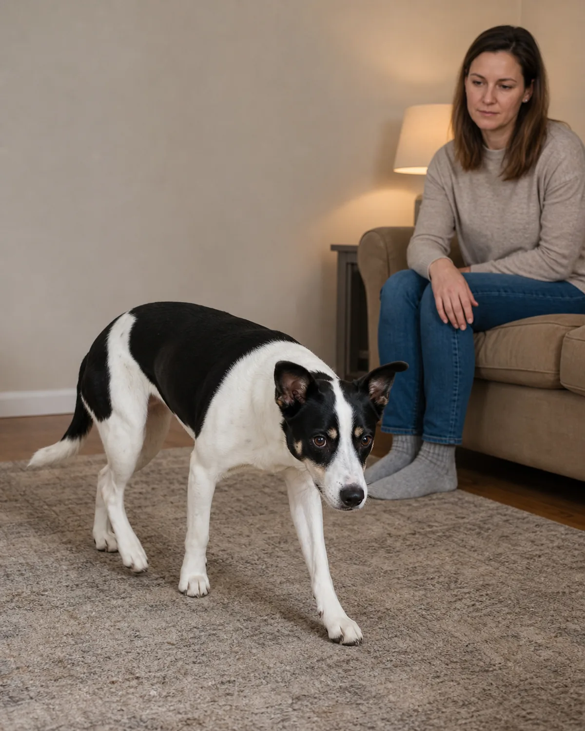 a medium dog with a black-and-white patched coat pacing across an indoor rug while a person watches calmly nearby