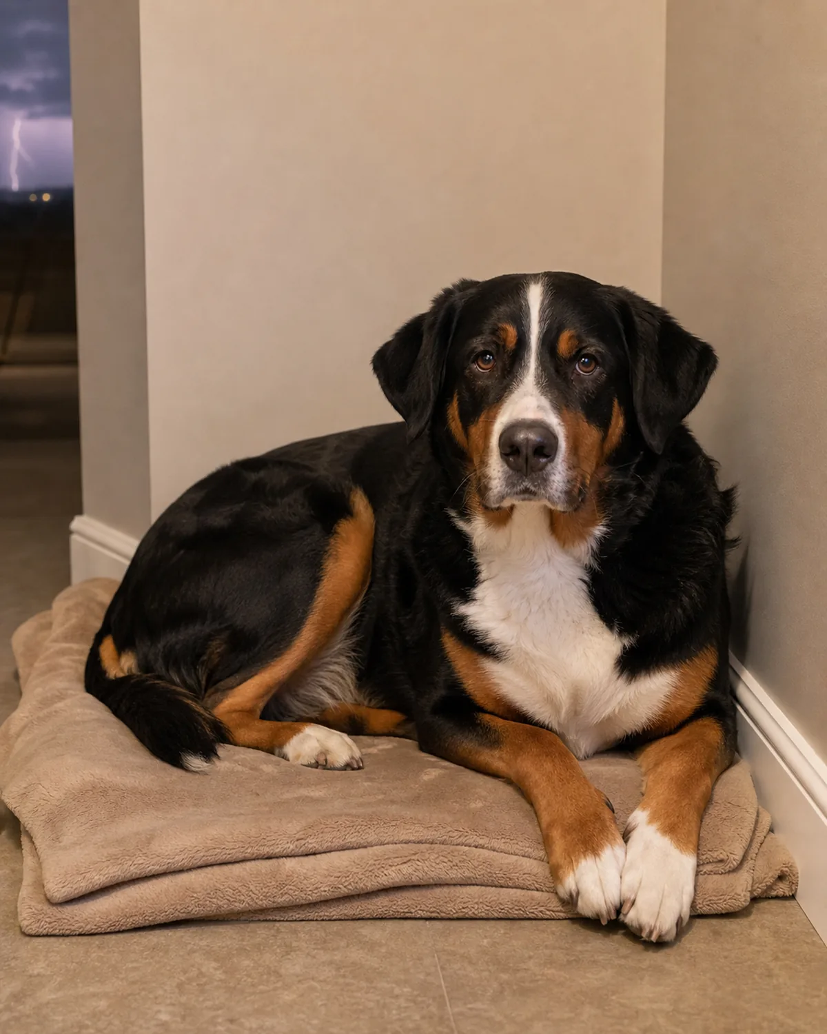a large dog with a tricolor coat and a white chest blaze resting calmly curled in a fixed corner of a room on a familiar folded blanket