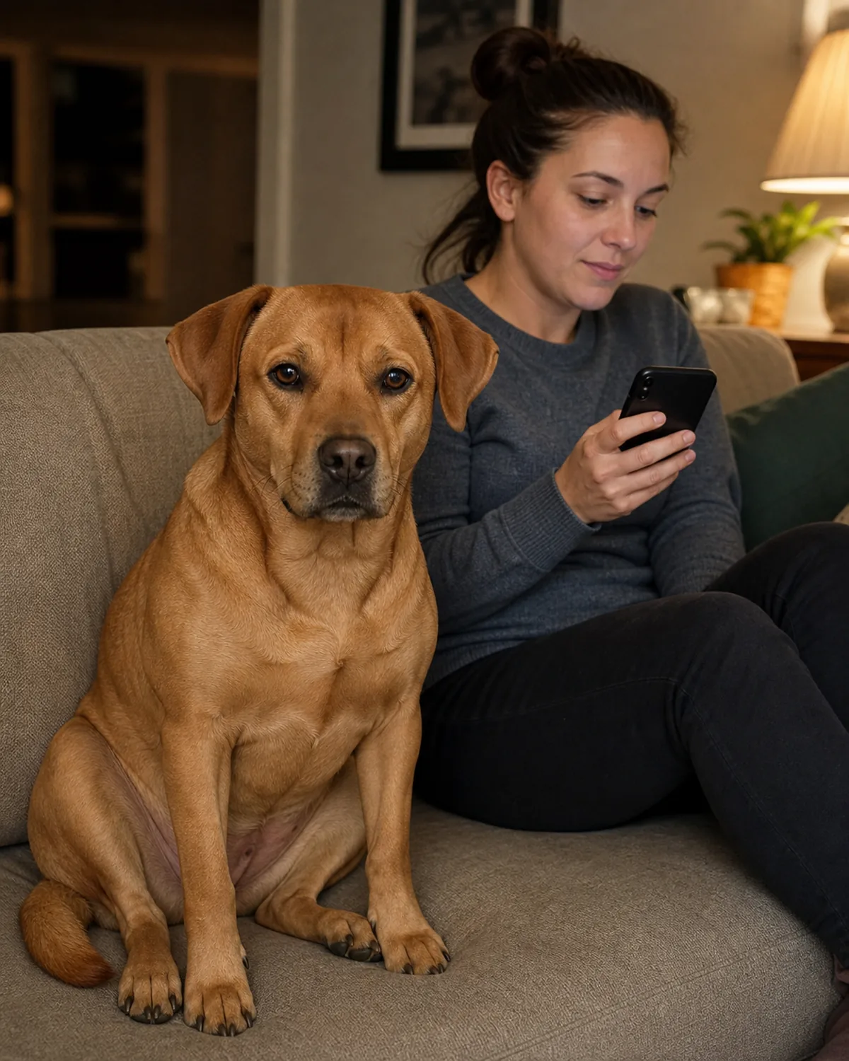 a medium dog with a warm caramel-tan coat sitting calmly on a home sofa beside a relaxed seated person looking at a phone, an ordinary evening scene