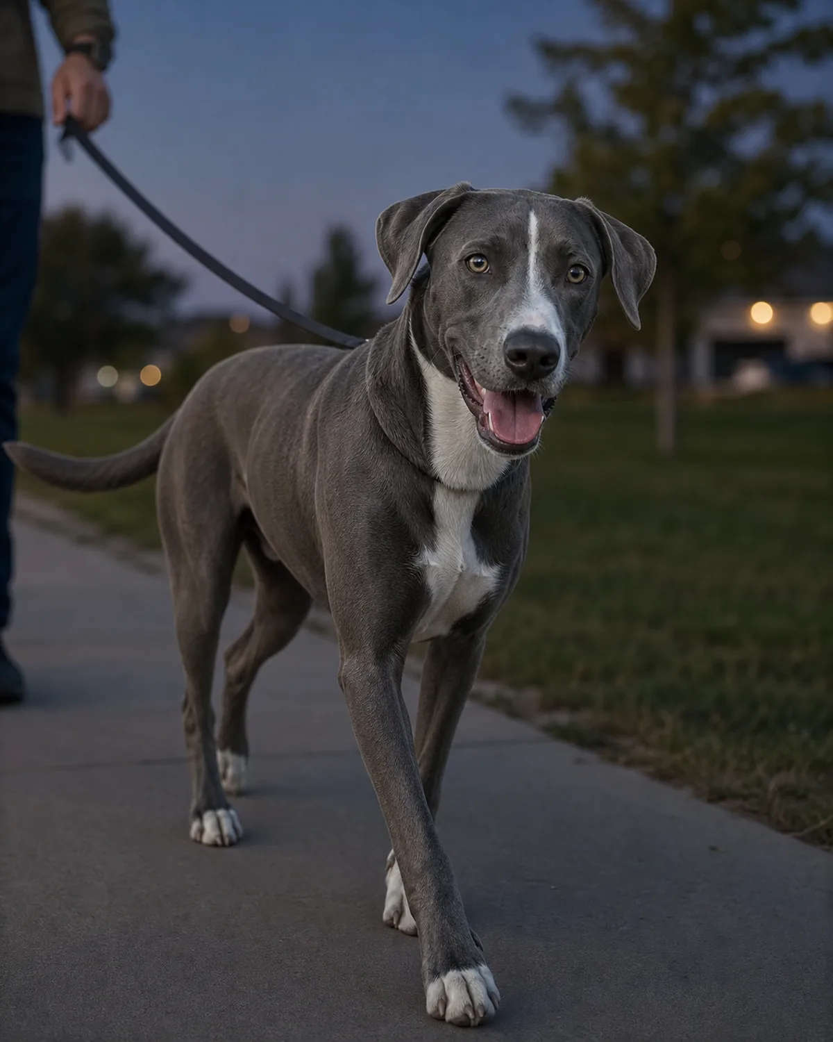 a medium-large dog with a slate-blue-grey coat and a white blaze walking calmly on a leash outdoors at dusk under a calm clear sky