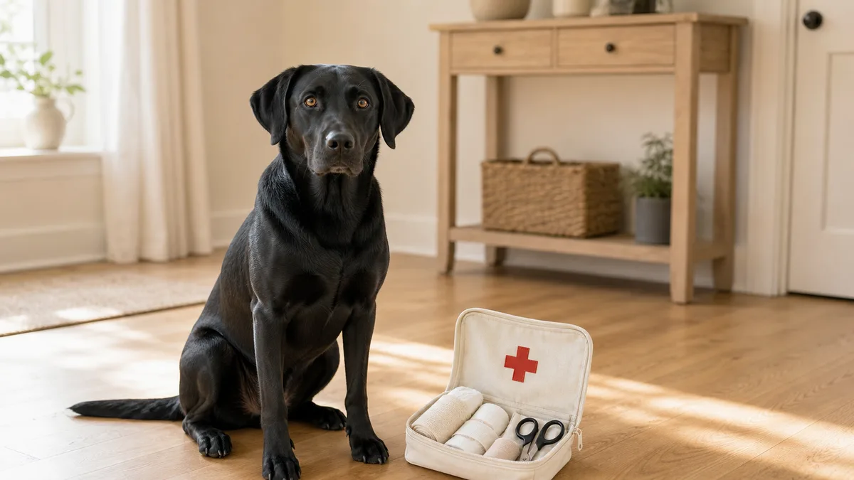 a large athletic solid-black short-coated dog with floppy ears sitting alertly beside an open white first-aid pouch with a red cross patch, neatly arranged gauze and bandage rolls visible inside, morning sunlight in a bright living room entryway