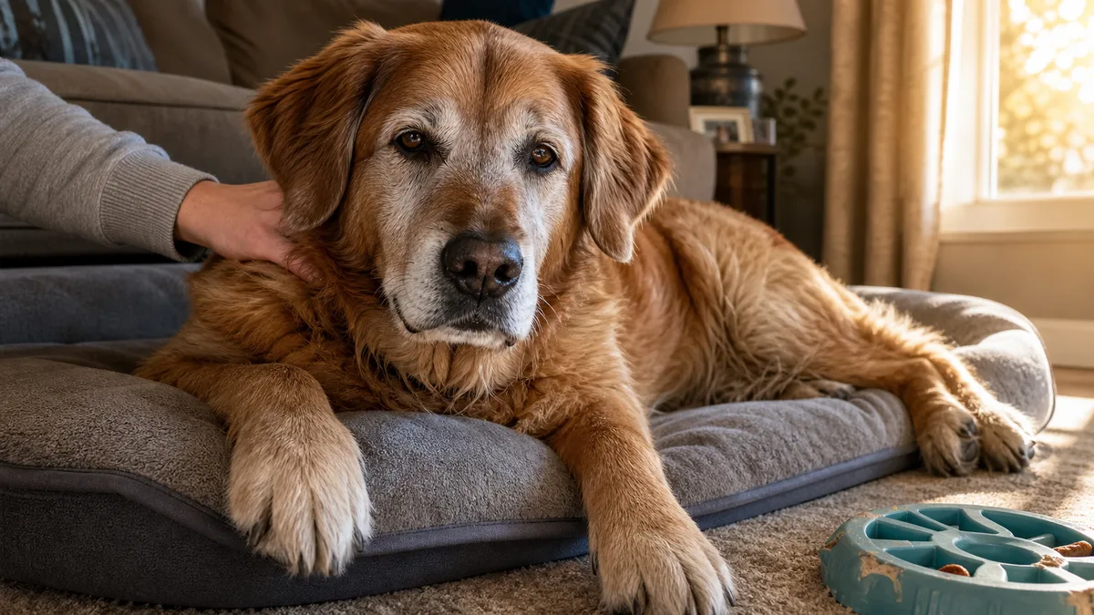 a large senior golden-coated dog with greying muzzle lying contentedly on an orthopedic memory foam bed in a sunlit living room while a person rests a hand gently on the dog shoulder