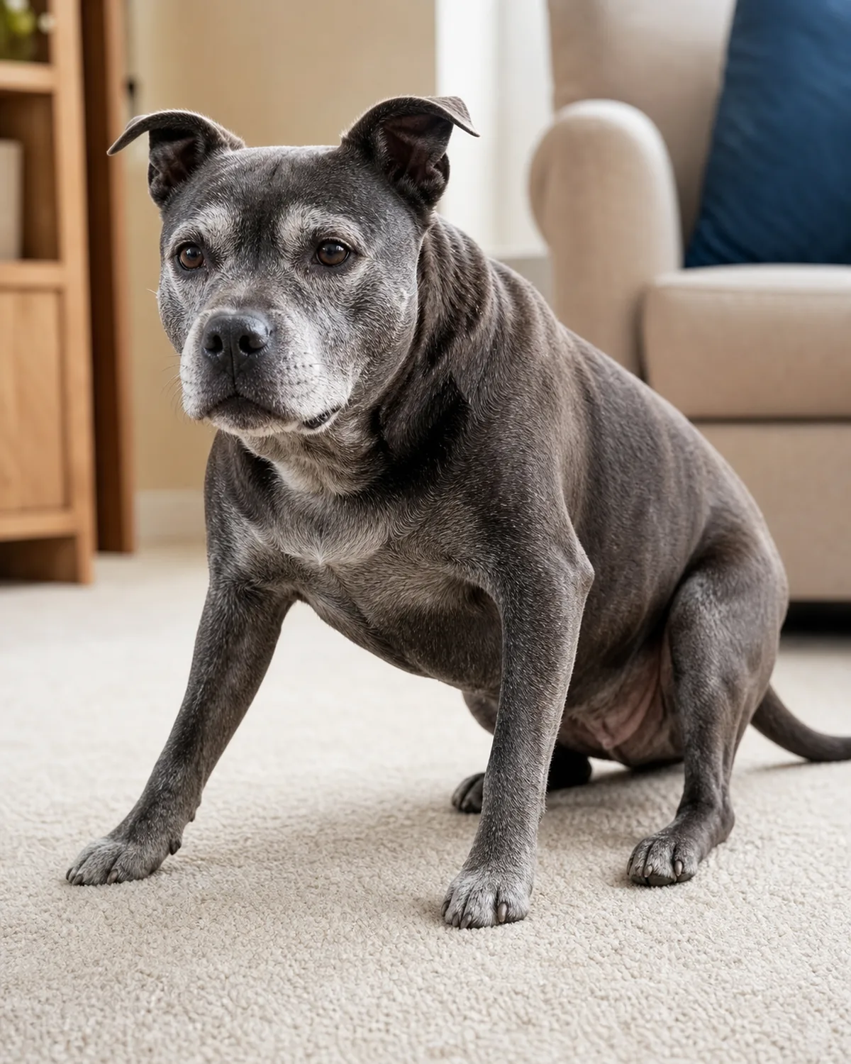 a medium senior blue-grey muscular dog with greying face slowly rising from lying position on a living room carpet with front legs planted