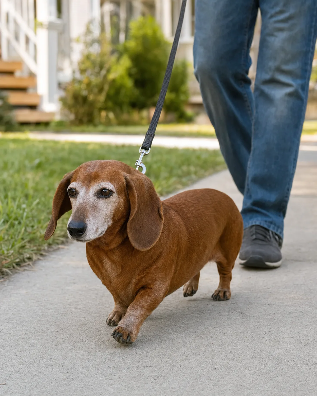 a small senior red smooth-coated dachshund-type dog with greying muzzle walking slowly on a flat suburban sidewalk on a short leash with owner feet visible