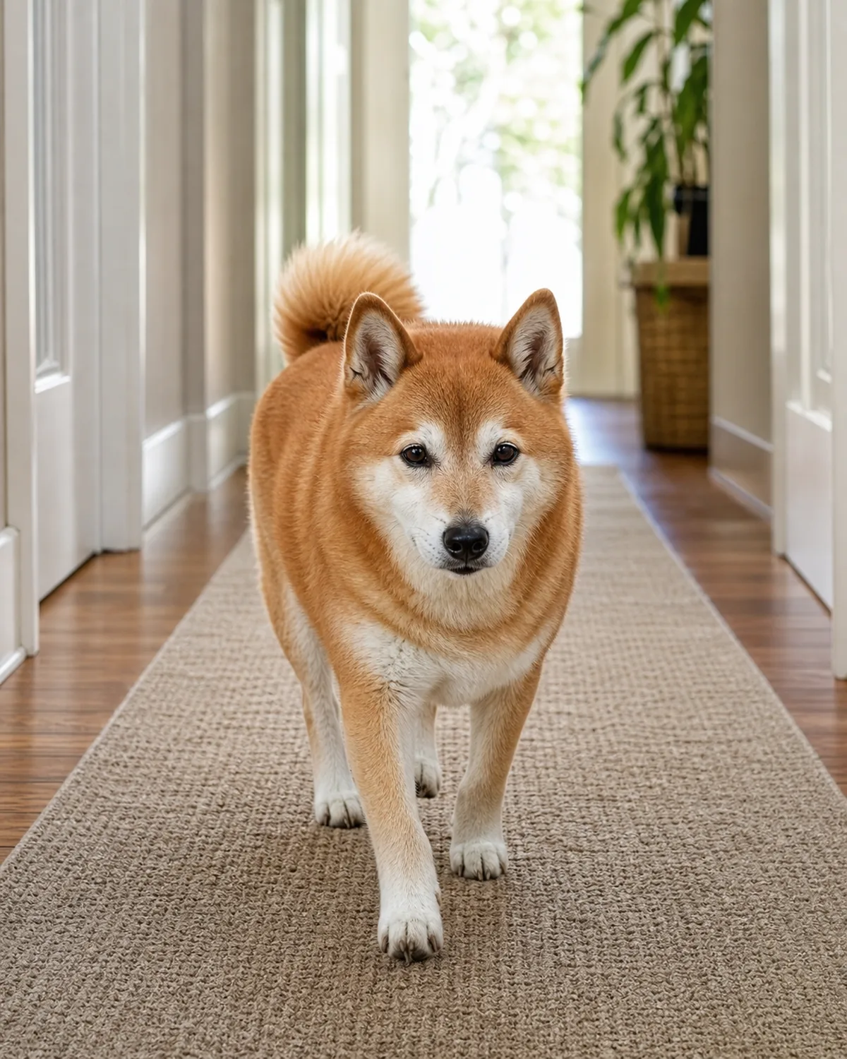 a small senior orange-red shiba-type dog with greying muzzle walking confidently on a carpet runner placed on a hardwood floor hallway