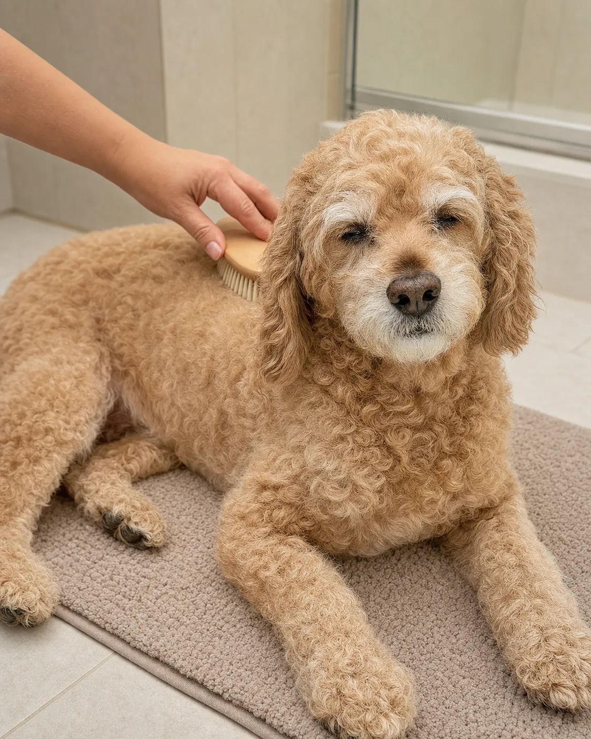 a medium senior apricot wavy-coated doodle-type dog with greying chin lying relaxed on a bathroom mat while a person gently brushes its back with a soft bristle brush
