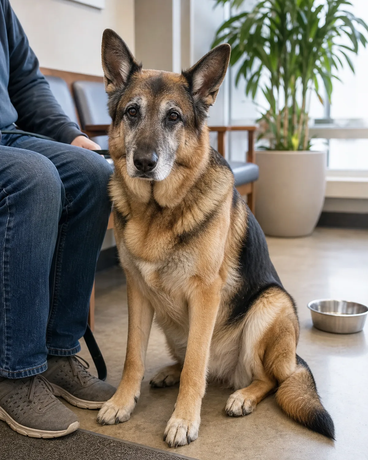 a large senior tan-and-black-saddled GSD-type dog with heavy greying on muzzle sitting calmly in a bright veterinary clinic waiting area beside owner legs