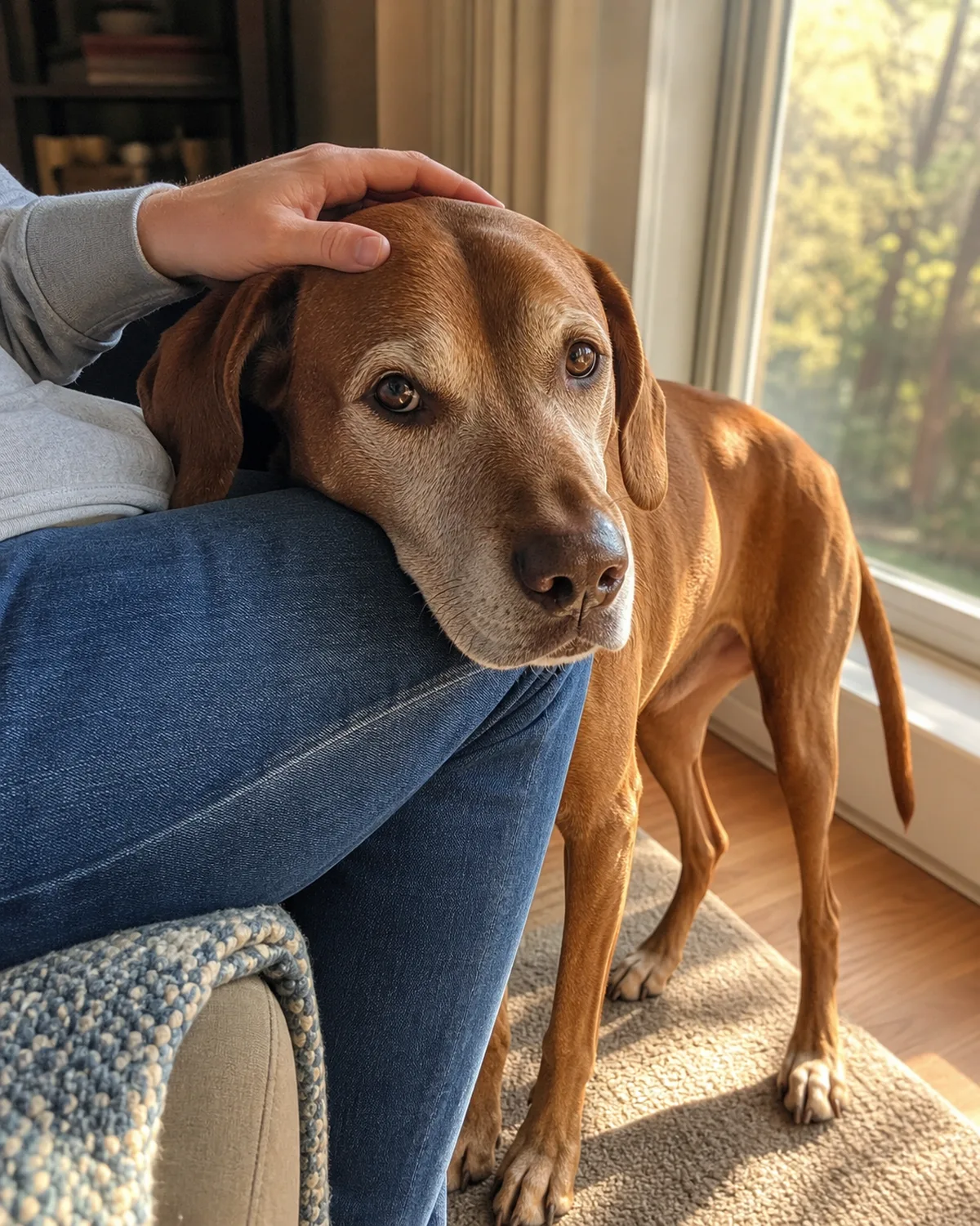 a medium-large senior rusty-golden-brown vizsla-type dog with greying muzzle resting head on owner lap by a large window in warm afternoon sunlight