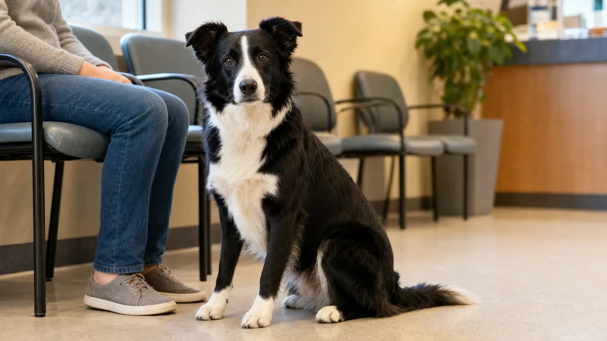 a medium athletic dog with a black-and-white coat, white blaze and collar, medium fur and semi-erect ears sitting calmly in a bright veterinary clinic waiting room