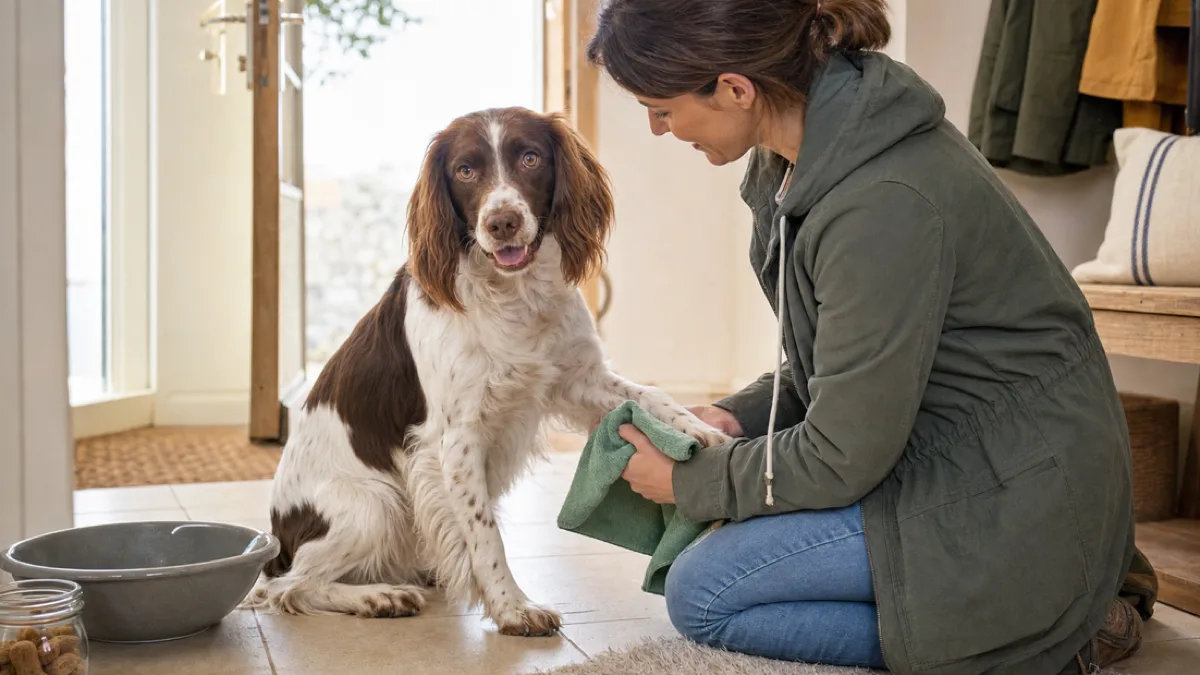 a medium liver-and-white feathered-coated dog with long drop ears sitting calmly in an entryway while a person kneels and wipes one front paw with a green microfiber towel next to a shallow basin and treat jar