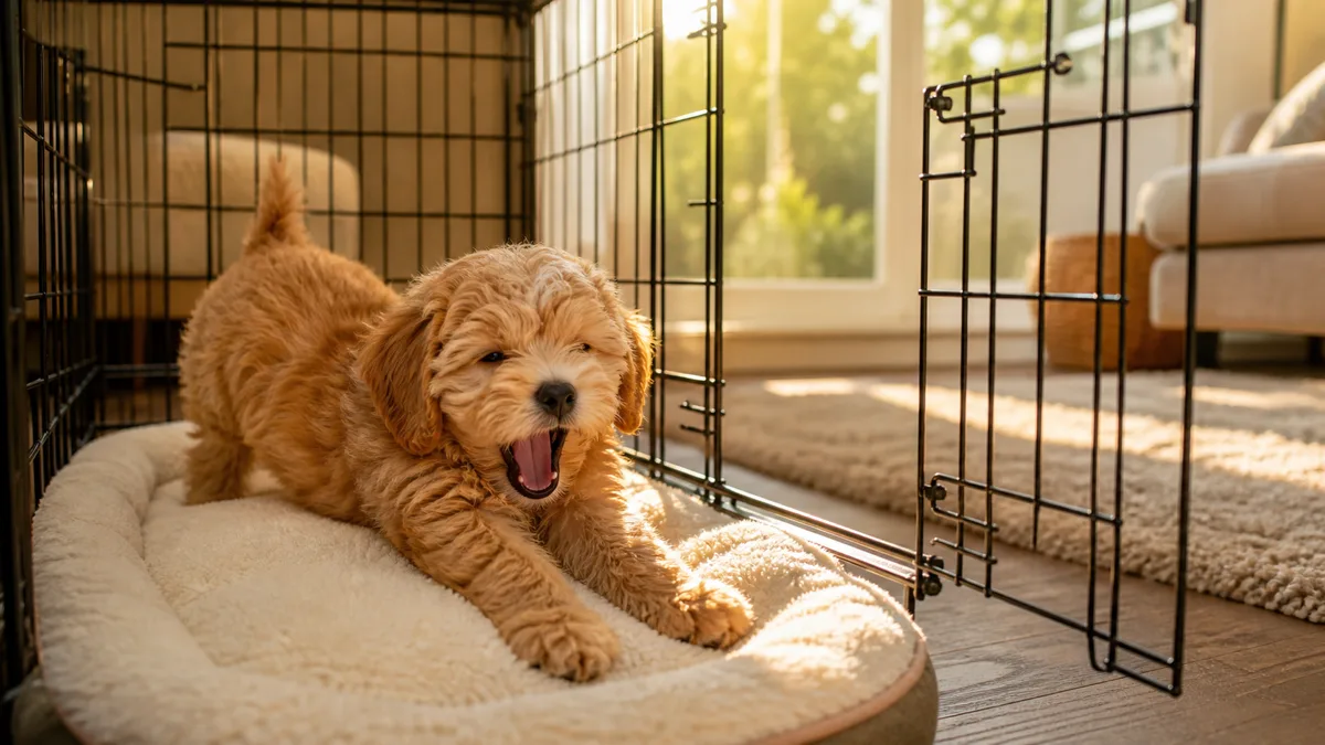 a small apricot wavy-coated puppy with floppy ears and teddy-bear face yawning while stretching on a plush pad inside an open wire crate in a sunlit living room