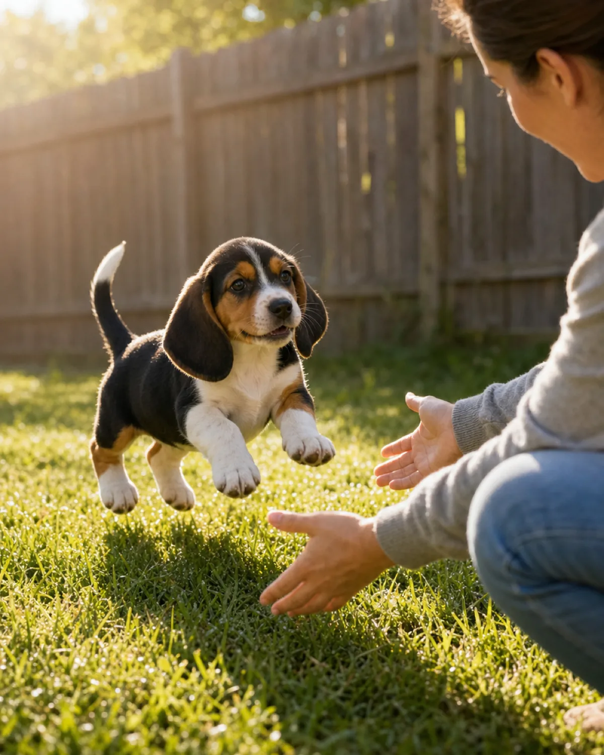 a small sturdy tricolor puppy with long floppy ears bouncing excitedly on green backyard grass near a crouching person in warm morning light