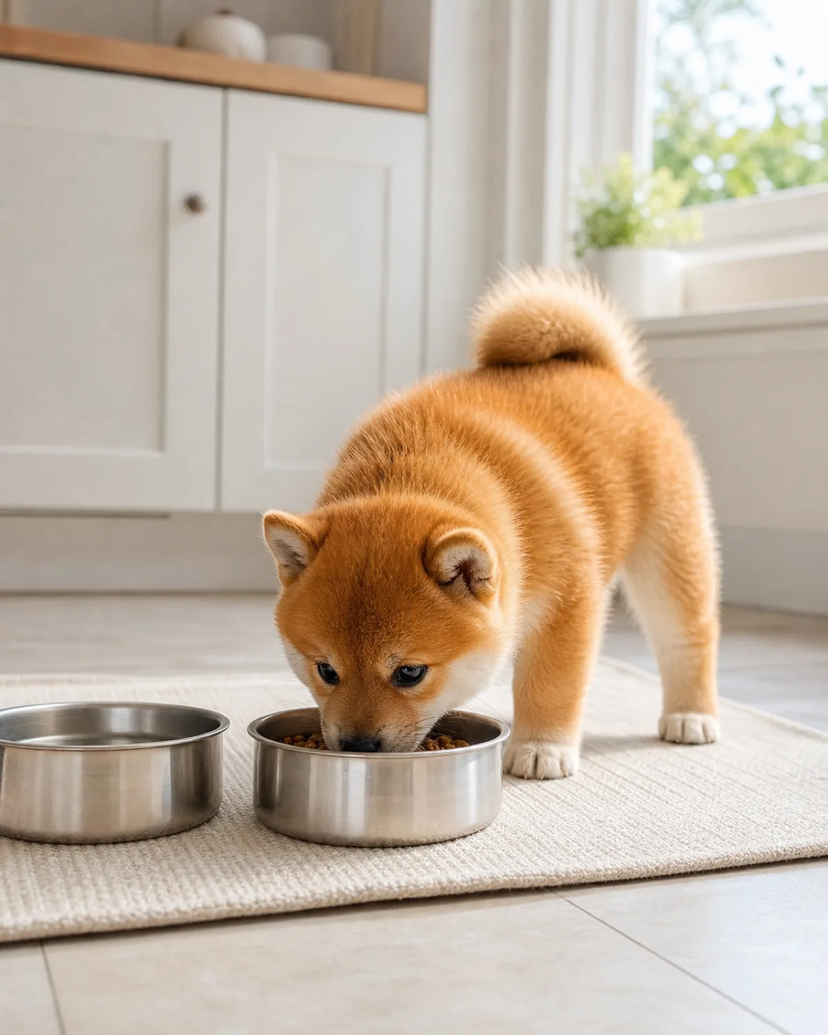 a small compact fluffy orange-red puppy with erect ears and a foxy face eating kibble from a stainless steel bowl on a kitchen floor mat