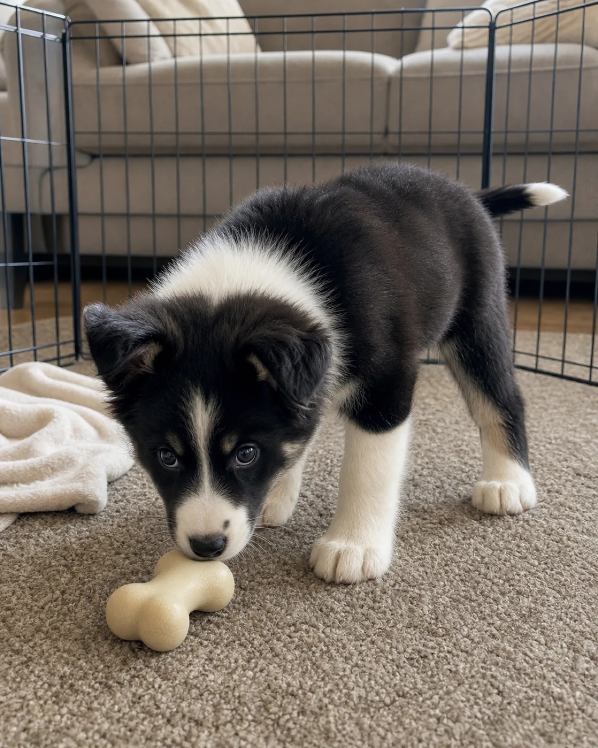 a medium black-and-white puppy with semi-erect ears sniffing a chew toy curiously inside a low indoor playpen on a living room carpet