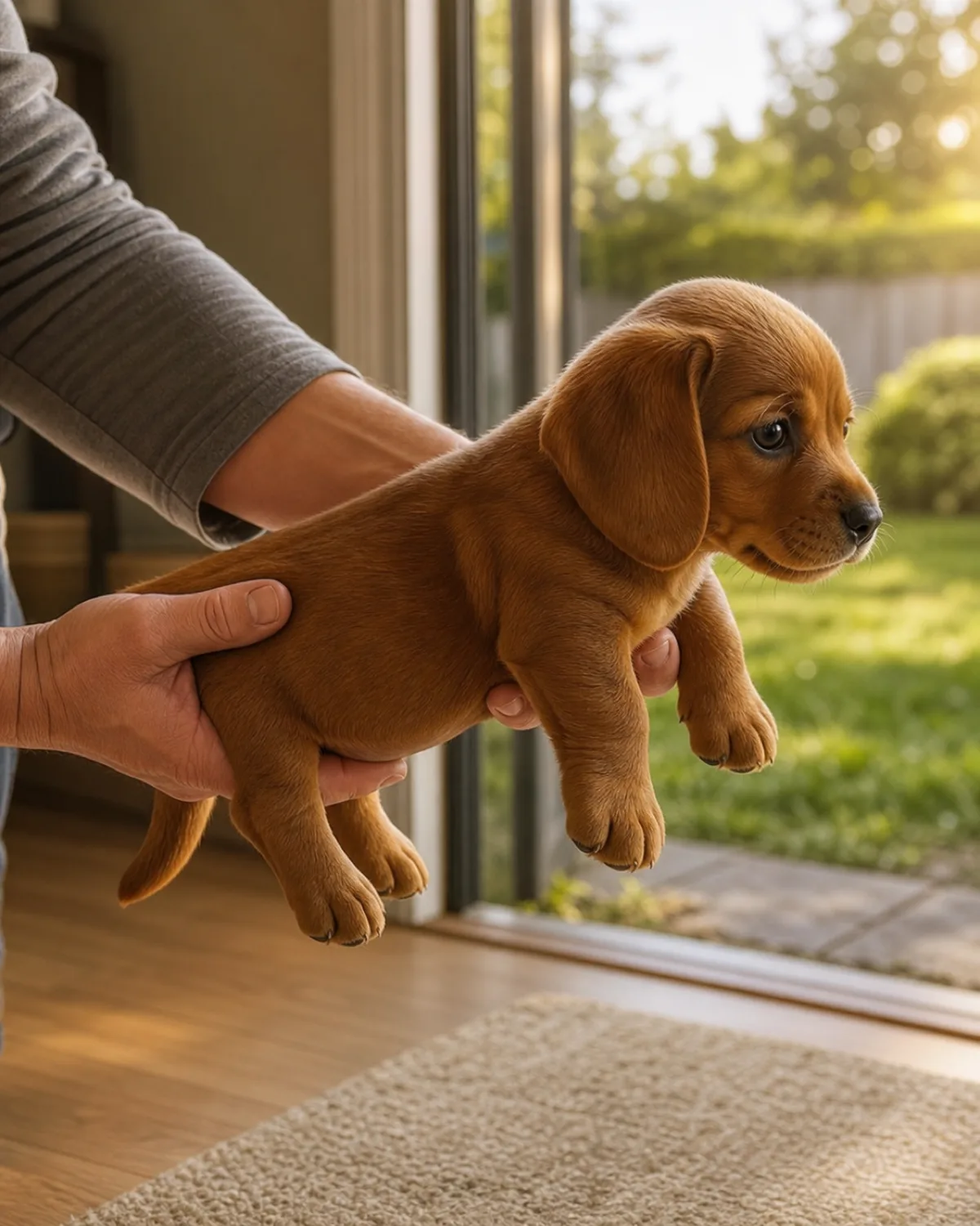 a small red smooth-coated puppy with very short legs and long floppy ears being gently carried in a person's hands toward an open back door leading to a green yard