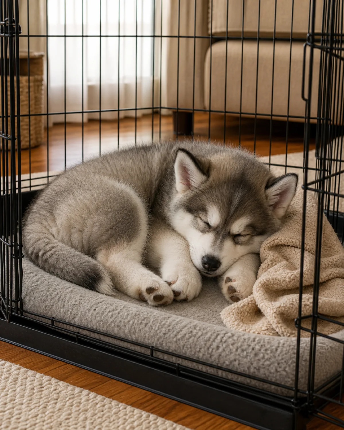 a medium fluffy grey-and-white puppy with erect triangular ears curled up sleeping on a soft pad inside a wire crate with a fleece blanket