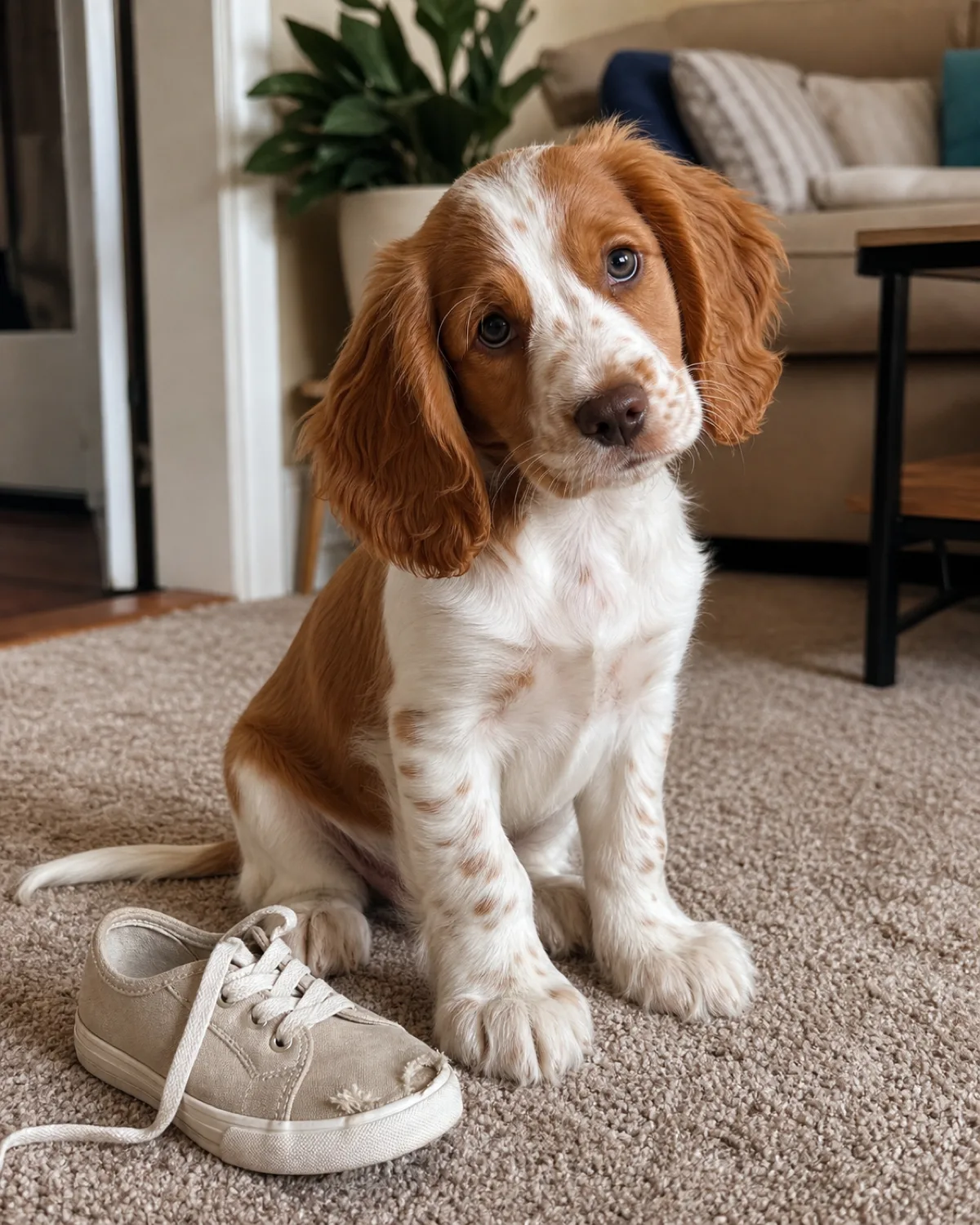 a small chestnut-and-white silky-coated puppy with long feathered floppy ears sitting on a carpet next to a sneaker looking at the camera with a tilted head
