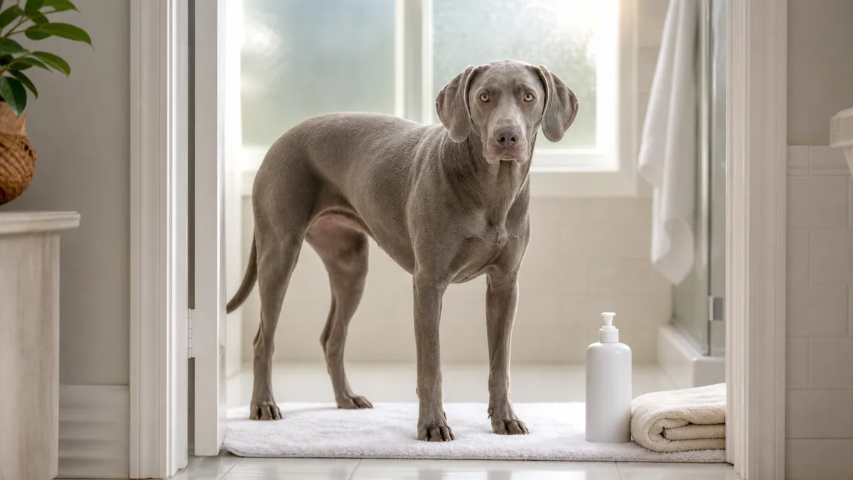 a large sleek dog with a solid silver-grey short coat and floppy ears standing calmly on a white bath mat in a bright bathroom doorway, a pump bottle of pet shampoo and a folded cream towel beside it, morning light through a frosted window